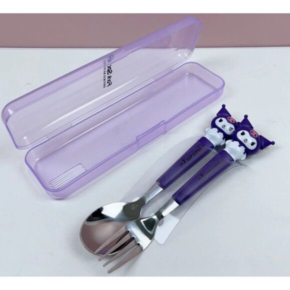 Hello Kitty & Kuromi Full-Size Utensil Set 2-Pc Fork & Spoon Clear Storage Case - Picture 2 of 3